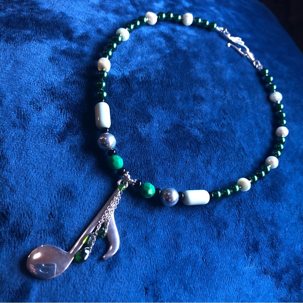 Handcrafted repurpose mint pearl music note pendant beaded necklace